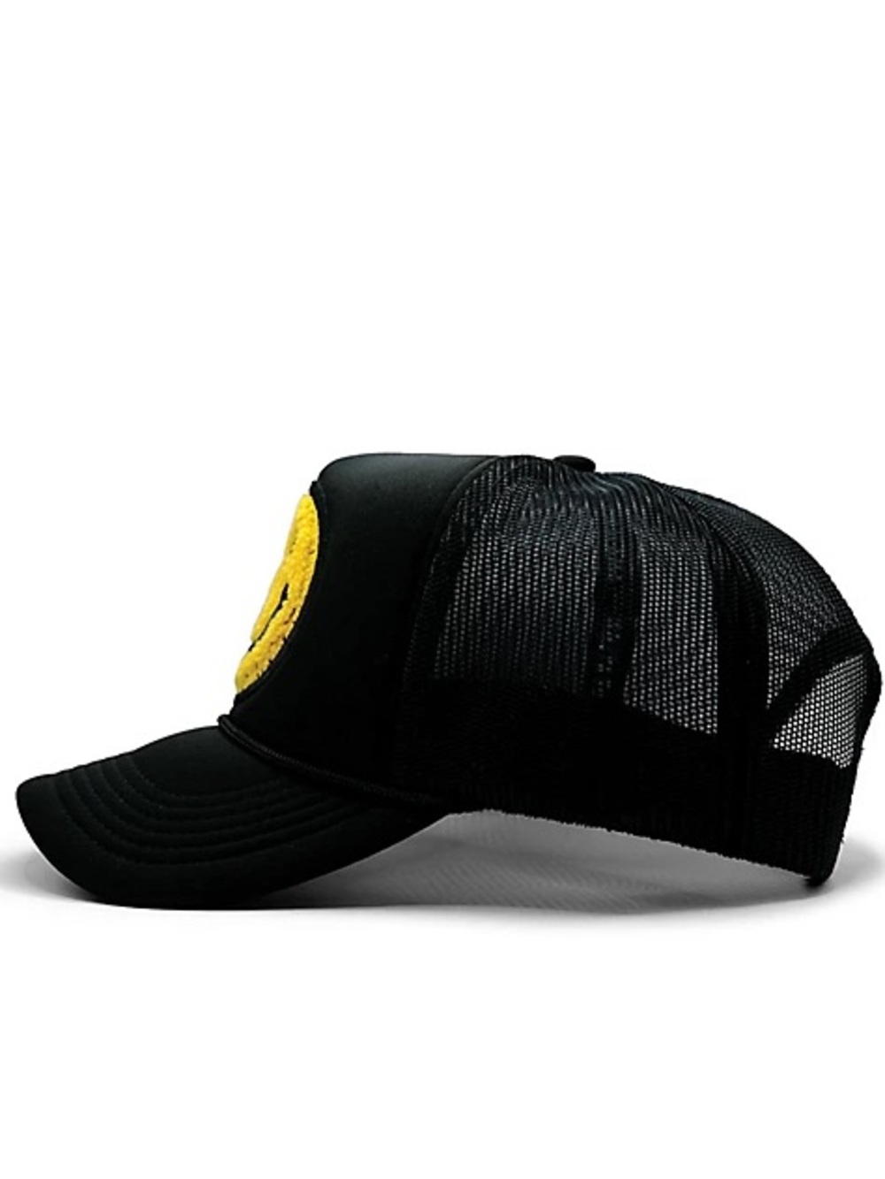 Happy Caps Double Blind Black Trucker Hat Yellow Black Smiley Mushroom Patch - Picture 2 of 9